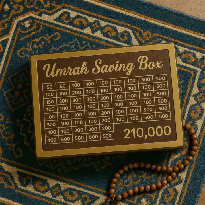Umrah Saving Box – 280 Days Savings Plan – Wooden Money Saving Box – Islamic Gift