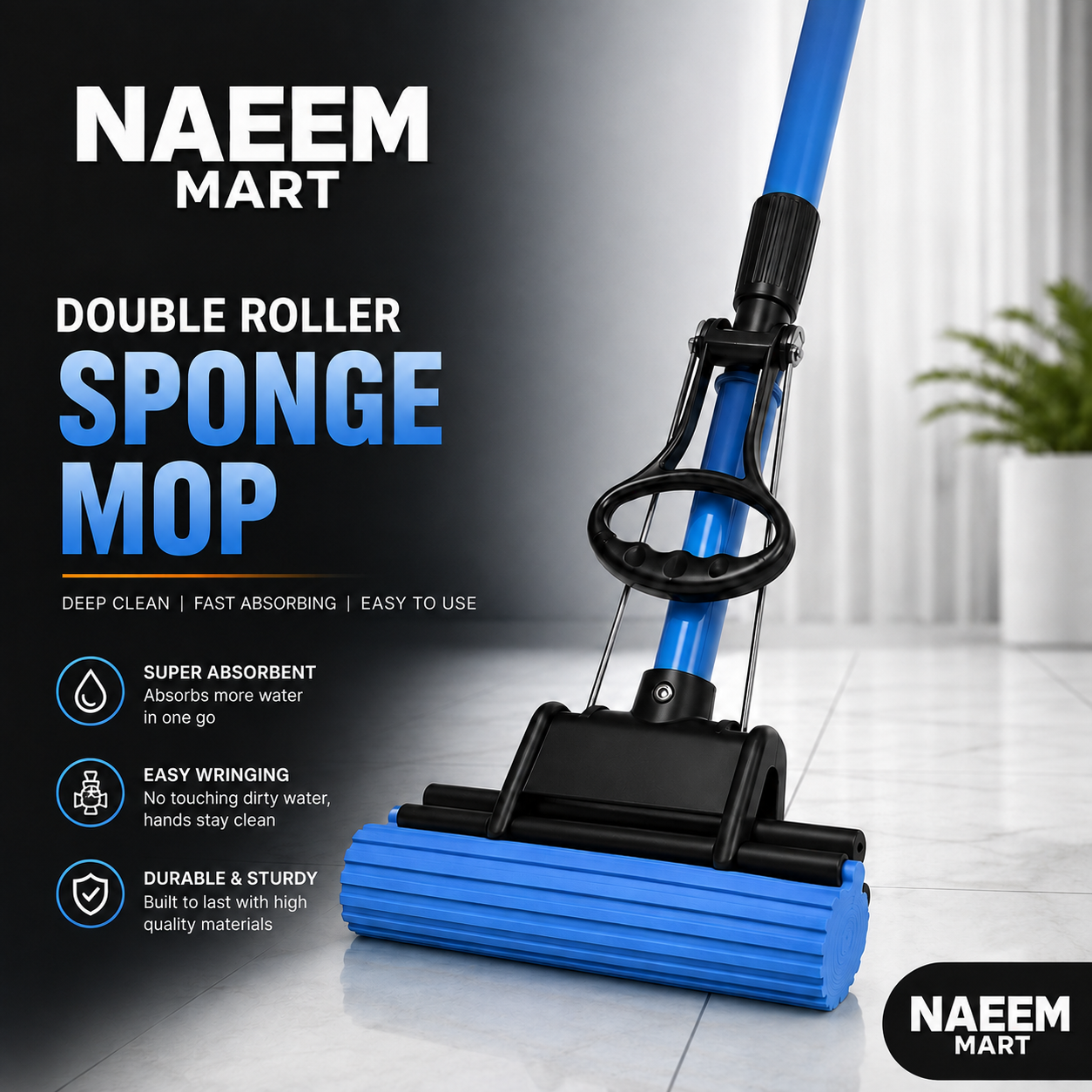 Double Roller Sponge Mop | Super Absorbent Floor Cleaner with Easy Wringing