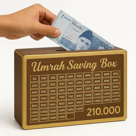 Umrah Saving Box – 280 Days Savings Plan – Wooden Money Saving Box – Islamic Gift