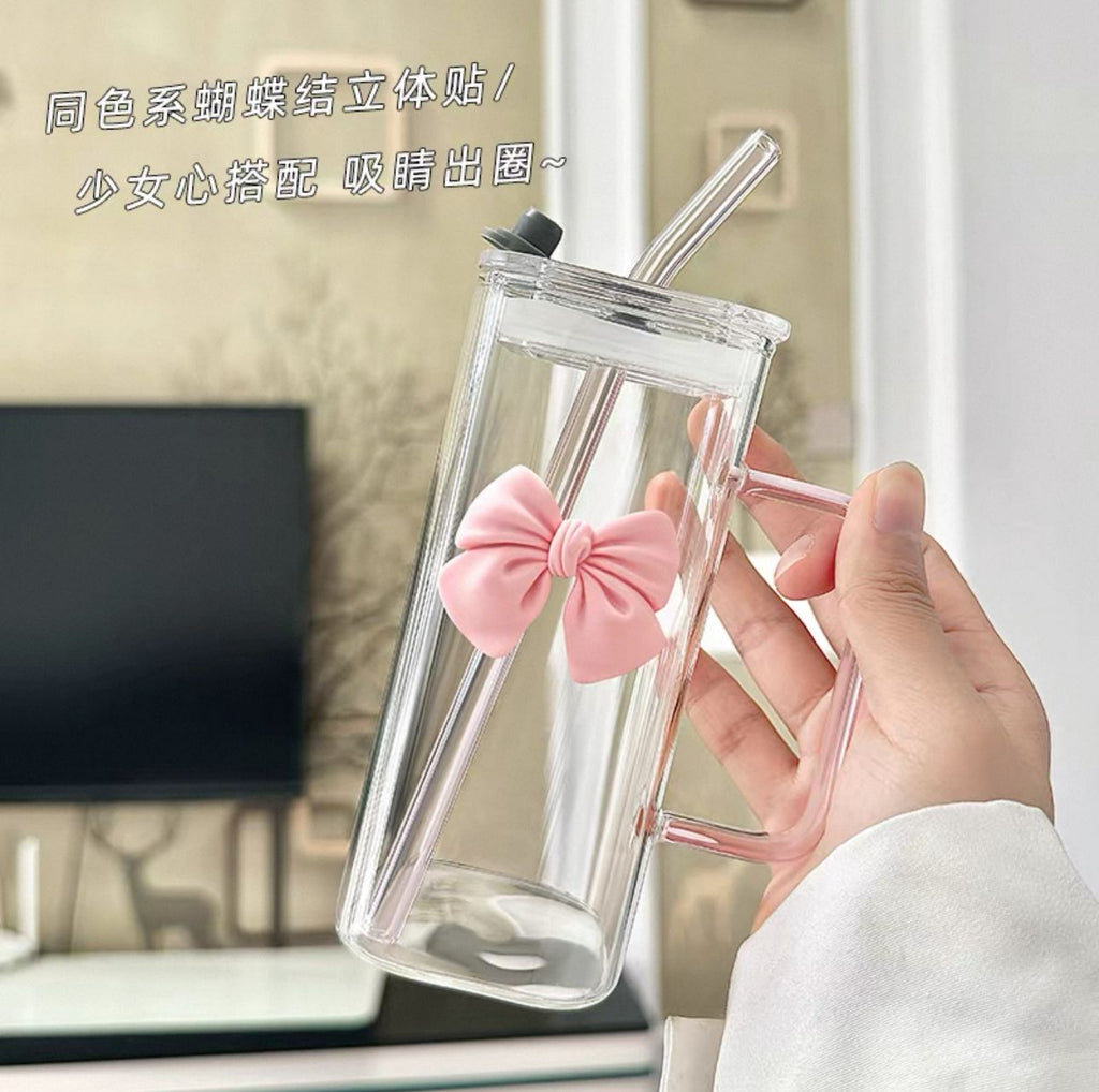 Aesthetic Glass Cup with 3D Bow, Handle & Matching Straw, Cute Drinkware