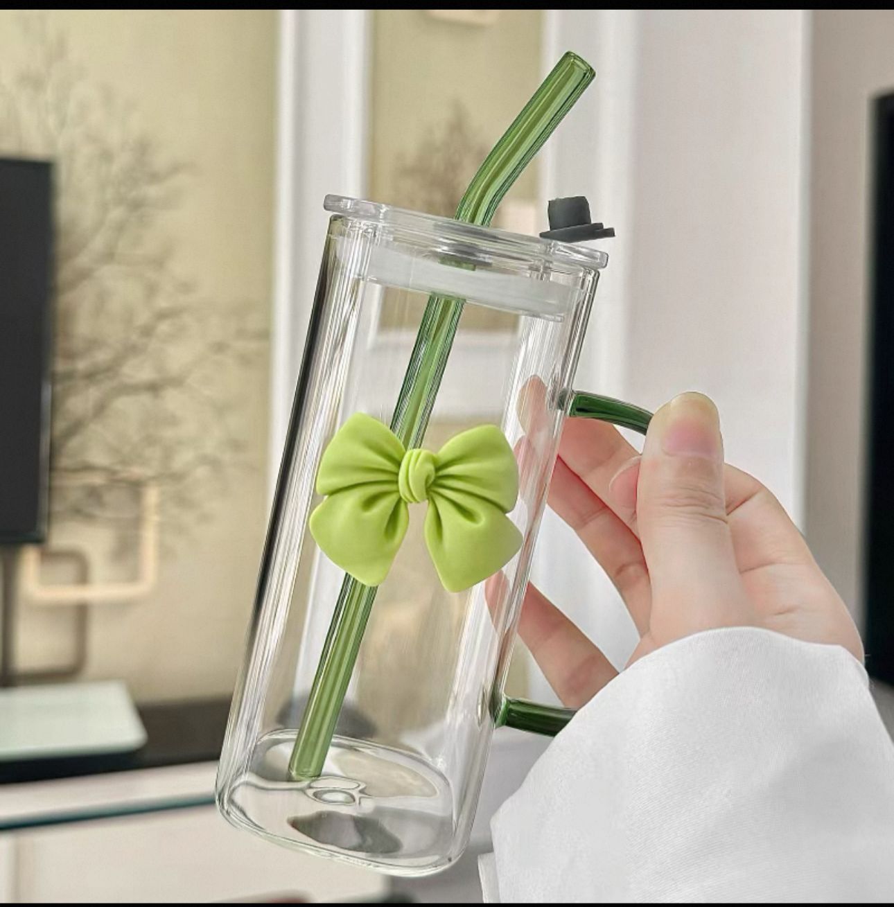 Aesthetic Glass Cup with 3D Bow, Handle & Matching Straw, Cute Drinkware