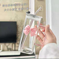 Aesthetic Glass Cup with 3D Bow, Handle & Matching Straw, Cute Drinkware