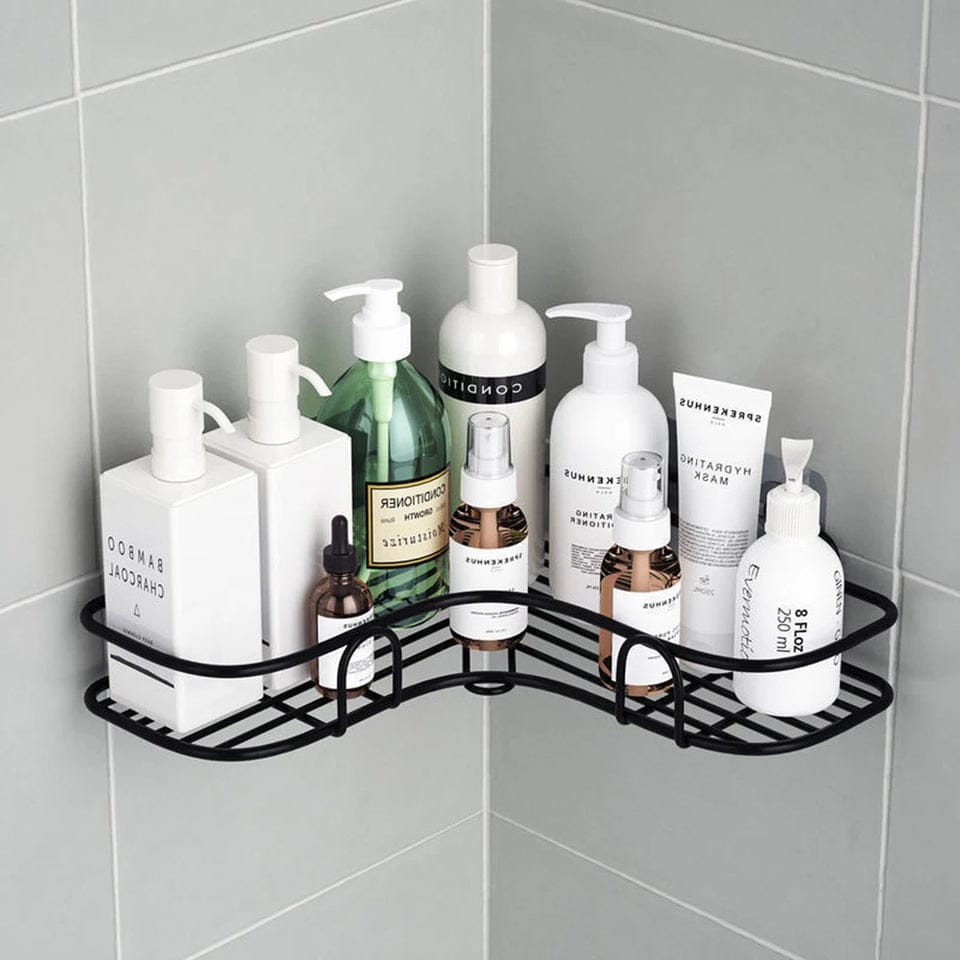 Black Metal Corner Rack, Wall-Mounted Bathroom & Shower Storage, No Drilling
