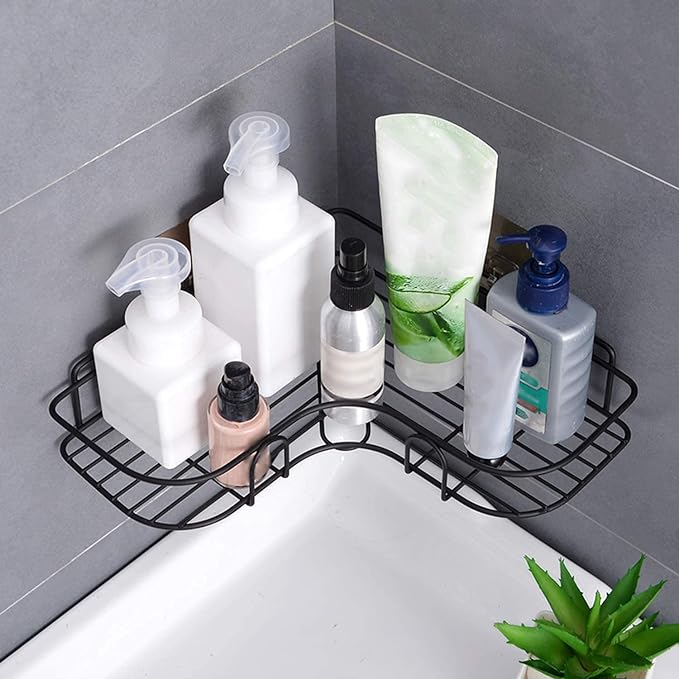 Black Metal Corner Rack, Wall-Mounted Bathroom & Shower Storage, No Drilling