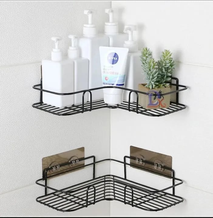 Black Metal Corner Rack, Wall-Mounted Bathroom & Shower Storage, No Drilling