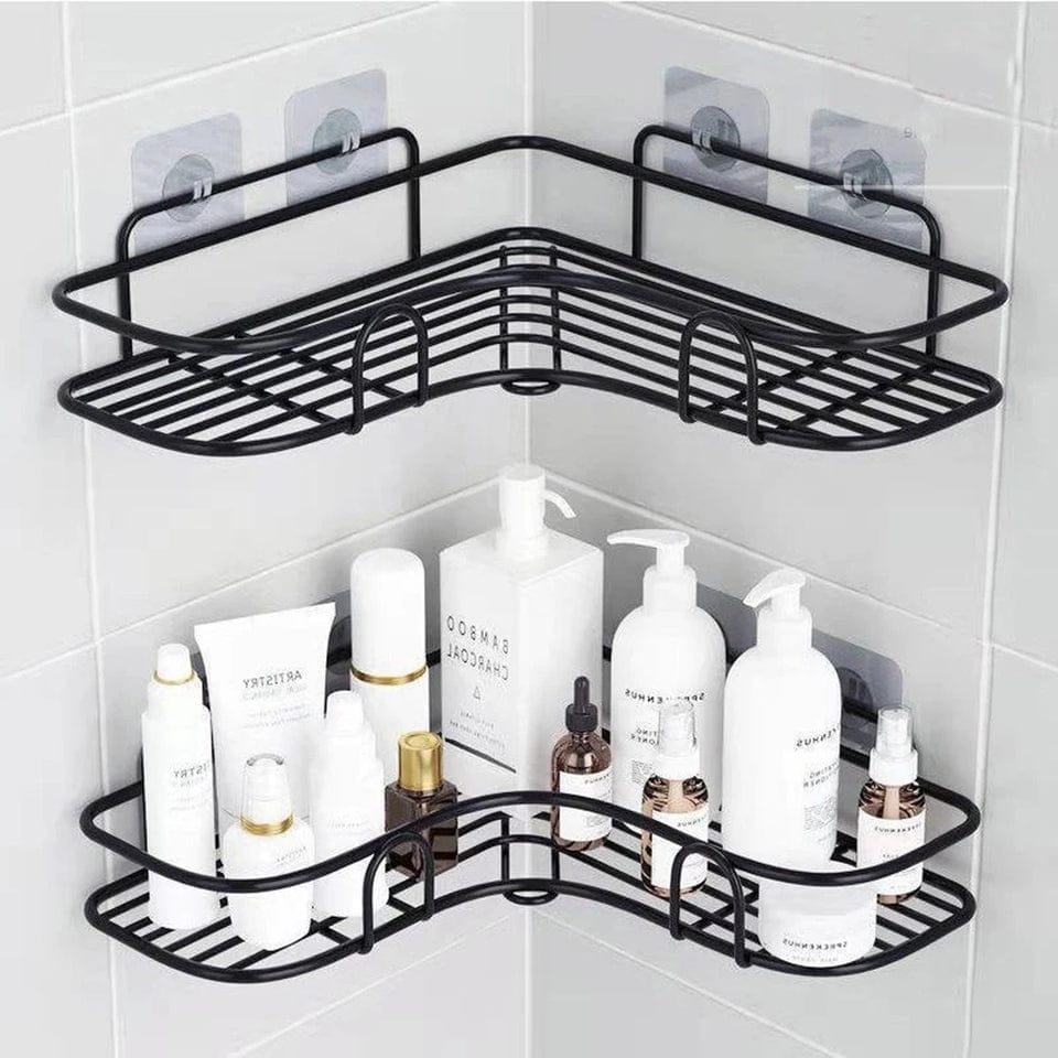 Black Metal Corner Rack, Wall-Mounted Bathroom & Shower Storage, No Drilling