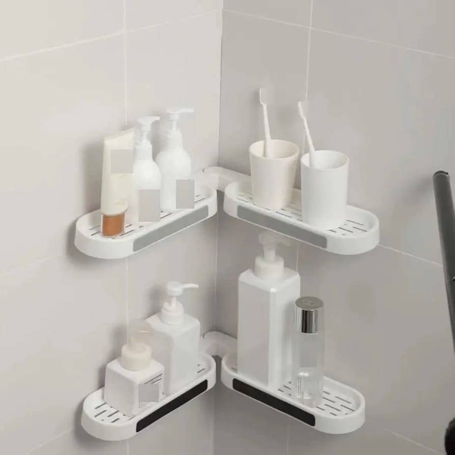No-Drill Adhesive Wall Rack, Rotating Corner Shelf for Bathroom, Kitchen & Toilet
