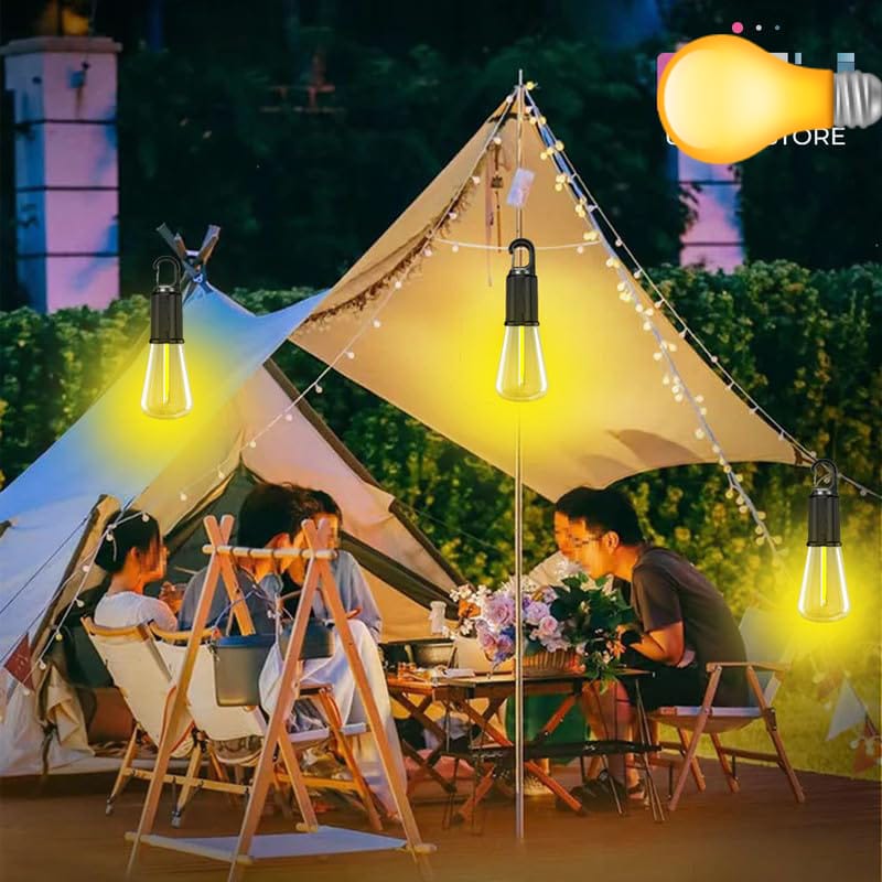 Portable Camping Lamp, USB-C Rechargeable Hanging Tent Light, Vintage Bulb Design