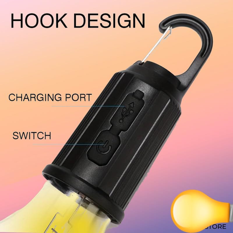 Portable Camping Lamp, USB-C Rechargeable Hanging Tent Light, Vintage Bulb Design