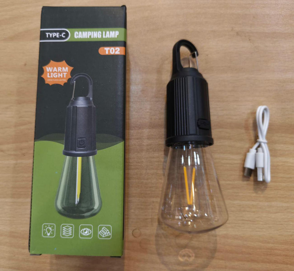 Portable Camping Lamp, USB-C Rechargeable Hanging Tent Light, Vintage Bulb Design